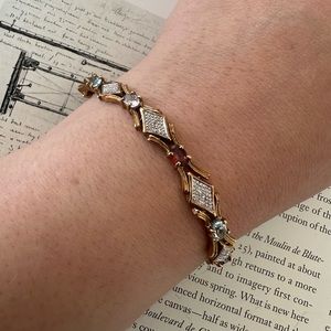 Vintage 925 Gold tone Tennis Bracelet Aquamarine Amethyst Garnet Thailand Crown